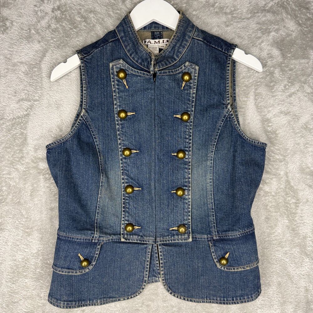 Vtg AMI Denim Vest Womens Medium Petite Western Bib 70s Style Stretch Y2K Clasp